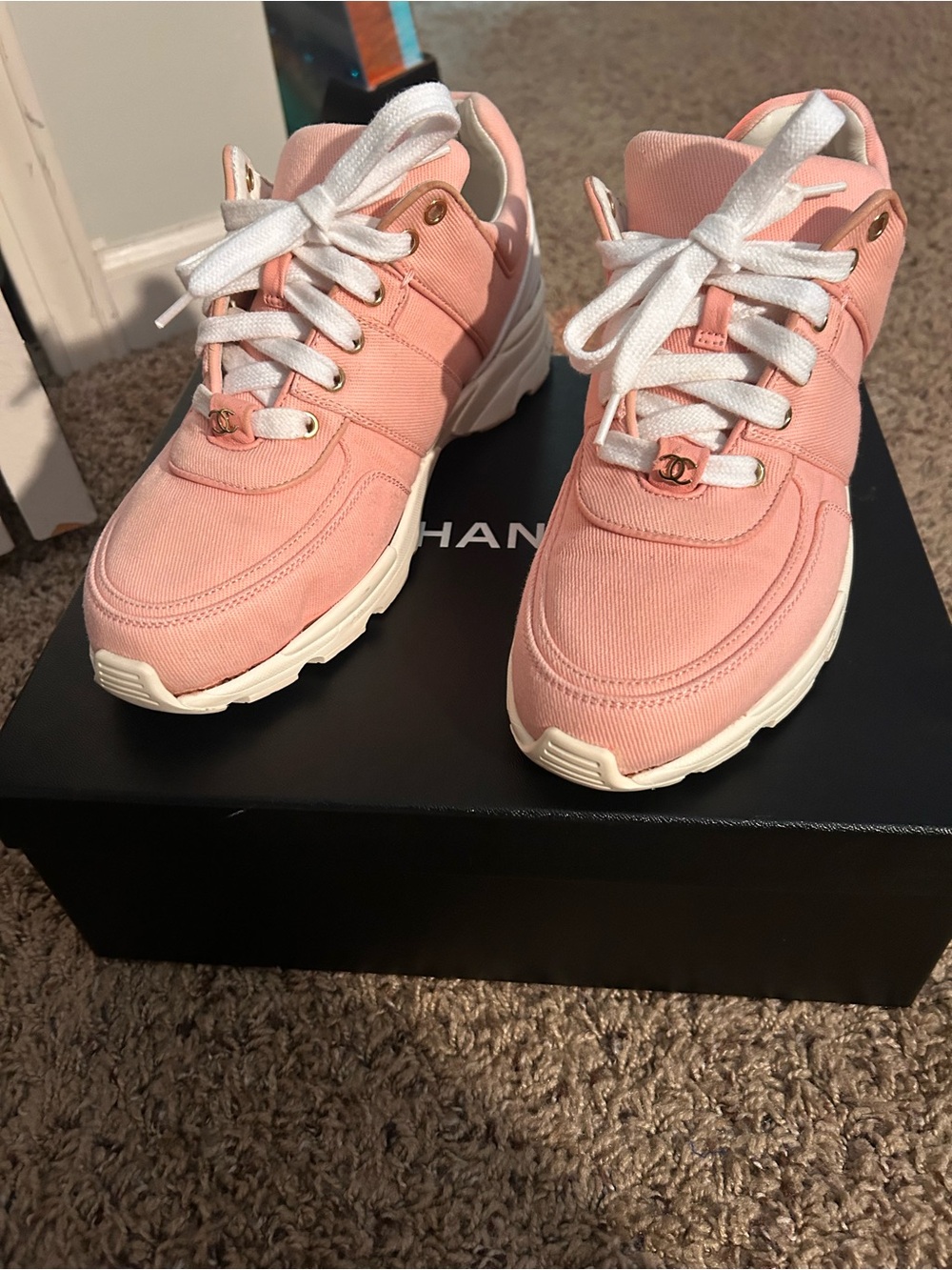 Authentic CHANEL Pink Canvas Low-Top Sneakers with White Laces